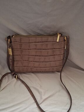 Croc-Embossed Taupe Crossbody Bag with Gold Hardware
